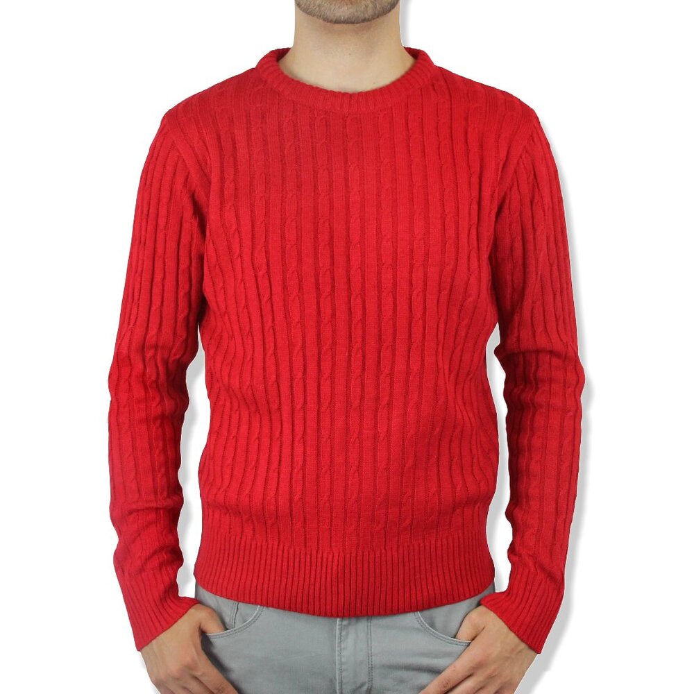 Solid Crew Neck Cable Sweater, Red
